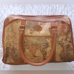 World Map Print Travel Bag with Leather Handles